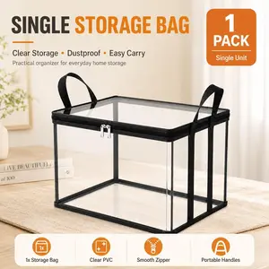 Large Stuffed Animal Storage Bag | PVC Organizer Bin with Carrying Handle | Dustproof Toy Container for Playroom & Living Room | Black