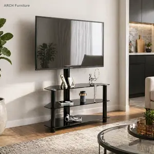 35.4 in Black Multi-Function Entertainment TV Stand with Height-Adjustable Swivel Bracket, 3-Tier TV Shelf, Tempered Glass, Aluminum Legs, Easy Setup Tv Console Cabinet
