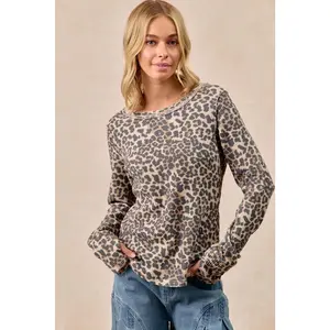 BiBi Leopard Print Washed Waffle Thermal Top with Thumb