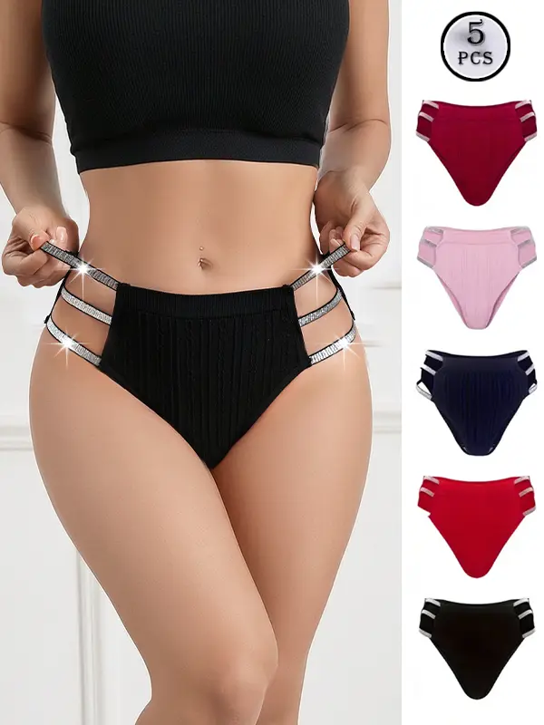 Payina 5-Pack Women's Glitter Sparkly Rhinestone Sequins Panties - Soft Ribbed Strappy Cheeky Underwear for Everyday, Halloween Wear
