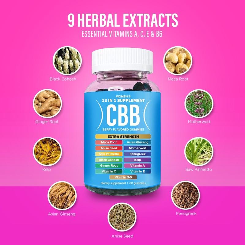 CBB Women's Support Supplement Double Pack - 120 Berry Flavored Gummies with Essential Vitamins & Herbal Extracts - Vegan Gluten Free - 2 Months Supply