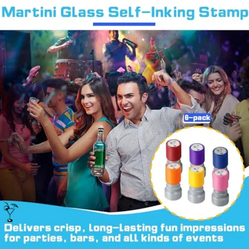 Martini Stamp Set, Ink Self-Inking Cocktail Drink Stamps, Party Entrance Bar Nightclub Event DIY Crafts, Durable Rubber Abs Material
