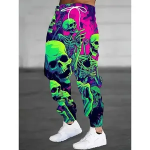 Large polyester stretch casual sports pants - printed skull design, regular fit, pocket knit - sporty and casual style