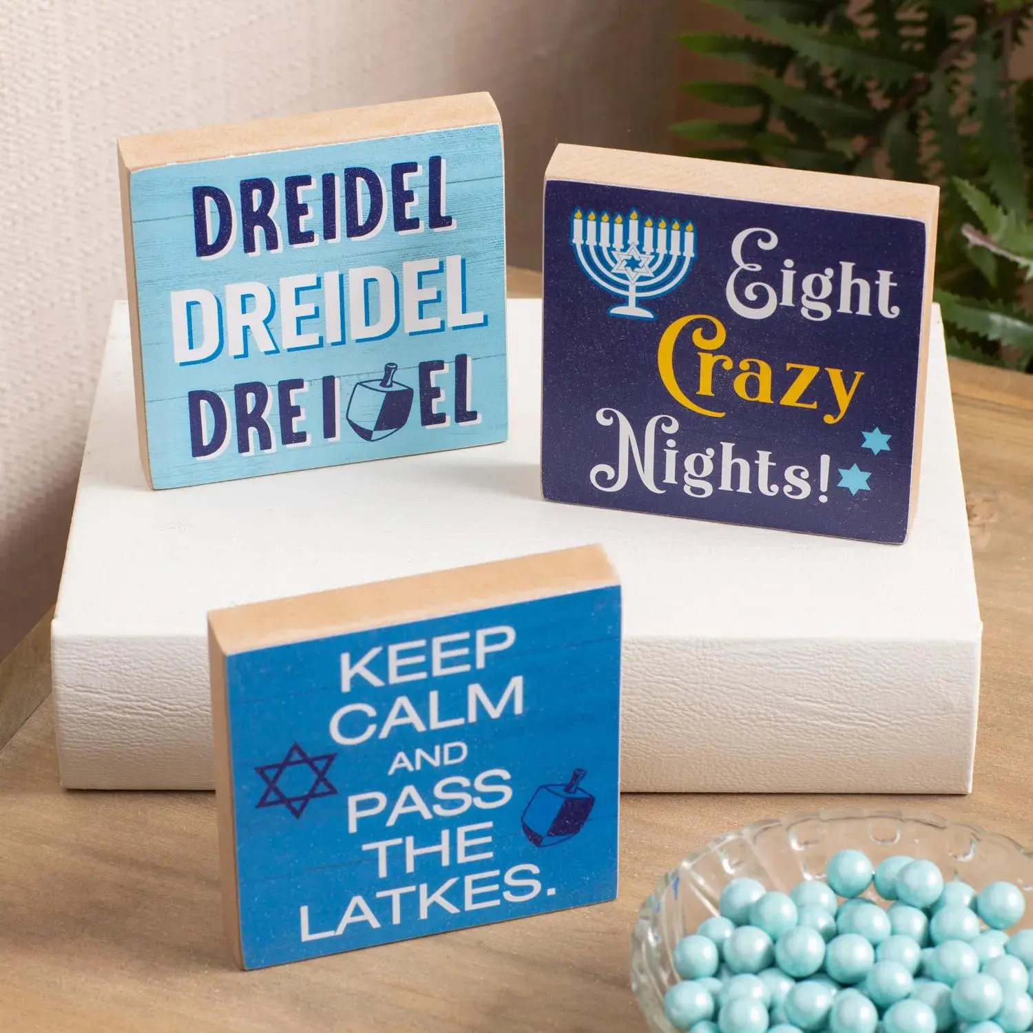 Wooden Square Hanukkah Holiday Decor Tabletop Sign Set - 3-Pc Irreverent Decorations, Teacher