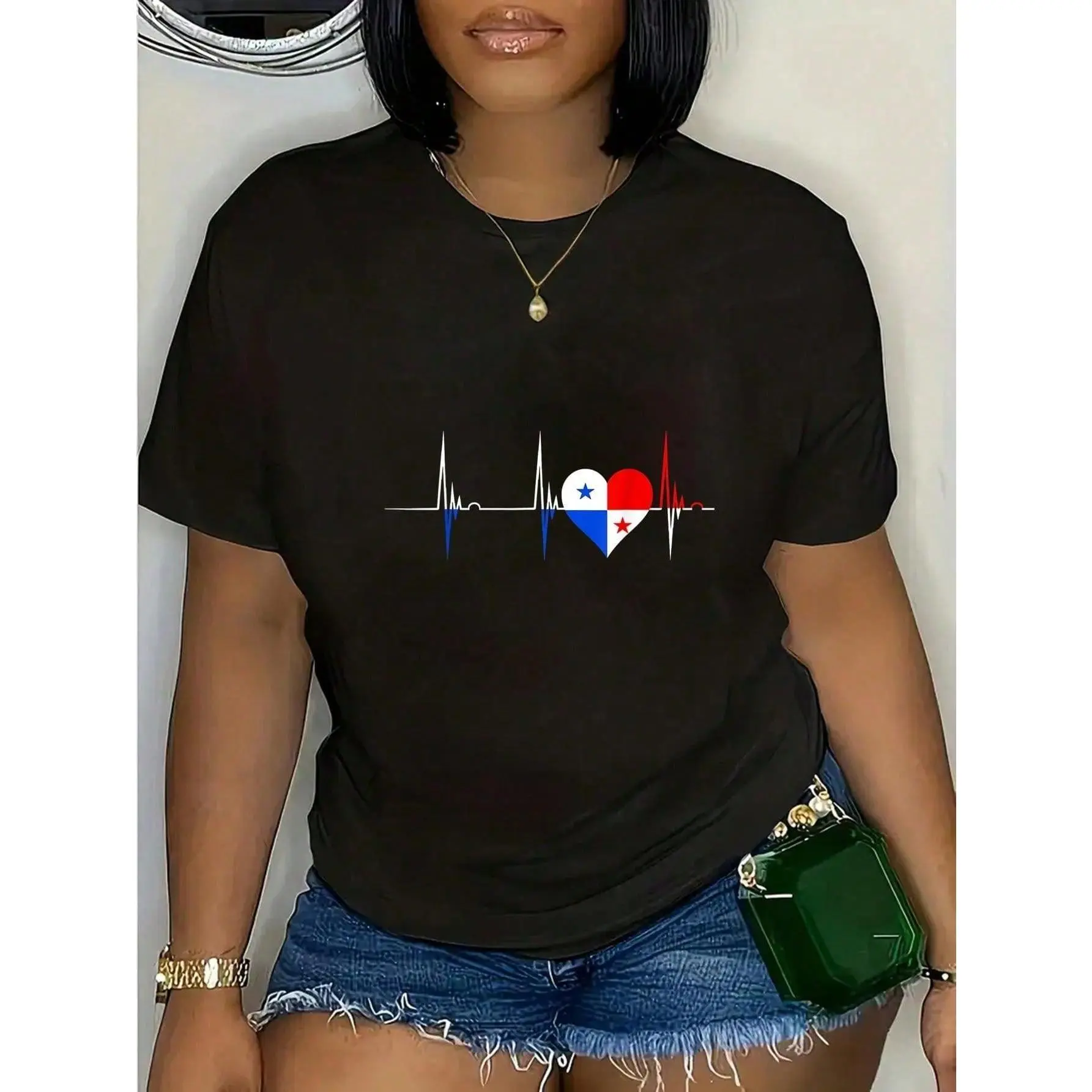 Women's 100% Cotton Breathable Knitted Short-Sleeve Graphic Tops - Panama Heart, Panamanian Heartbeat EKG Pulse, Panama Roots, Flower, Round Neck, Christmas, Plant Print, Common Style Clothes, Summer Casual Outfit