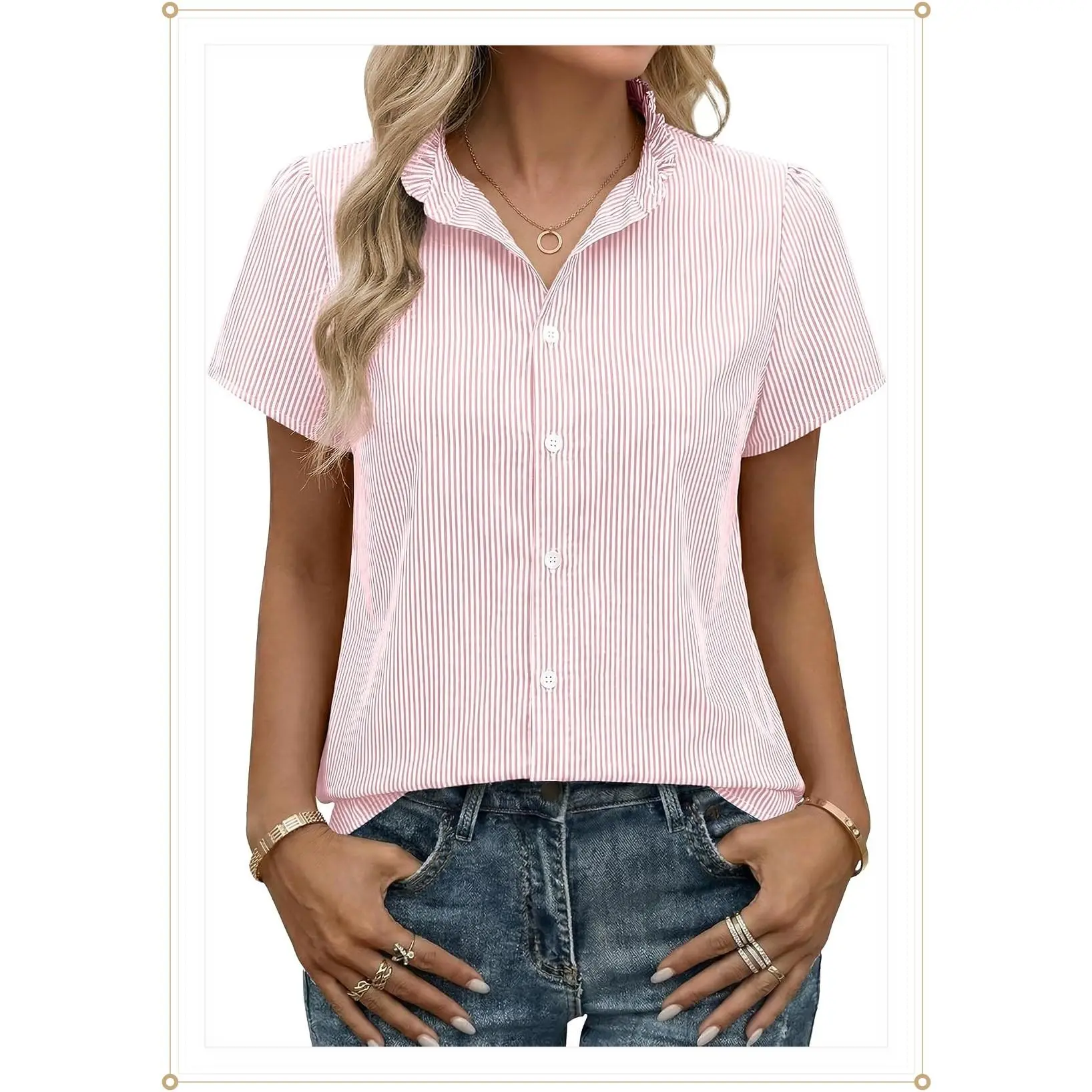 Funlingo Women's Striped Button Down Shirts Summer Short Sleeve Tops Ruffle Collar Work Blouses Business Casual OutfitsGift
