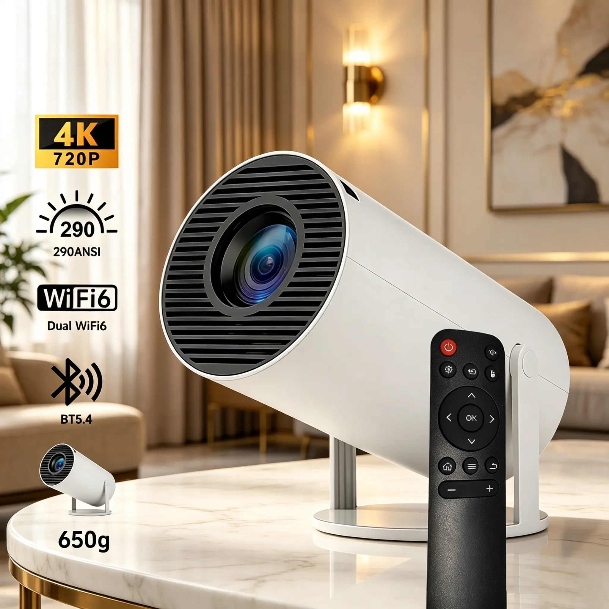 Mini Portable Tabletop Pico Home Cinema Projector - 720p FullHD, 290 ANSI Lumens, 5.4 Bluetooth, WiFi, Android OS, Auto Keystone, 180° Rotatable, 130" Screen, Build-in Audio, Remote Control, Mount-Compatible, Essential for Gaming & Living Room Watch Party
