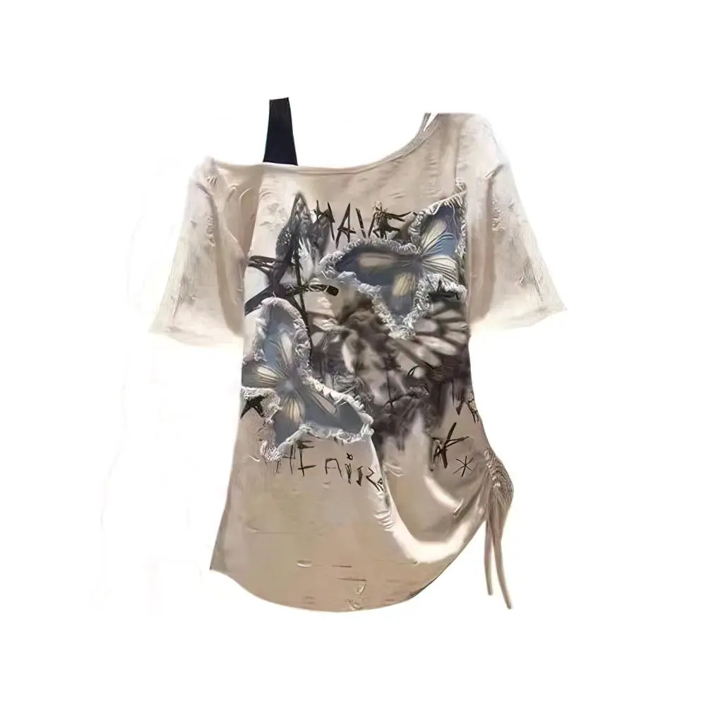 Vintage Y2k Summer Off shoulder Oversize Graphic T Shirt Women 2000s Chic Short sleeve Top Ladies Vintage 2025 New