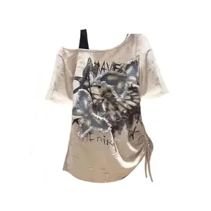 Vintage Y2k Summer Off shoulder Oversize Graphic T Shirt Women 2000s Chic Short sleeve Top Ladies Vintage 2025 New