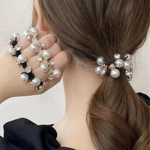 3pcs/set Faux Pearl Decorated High Elastic Hair Tie, Hair Scrunchie, Rhinestone Decor Ponytail Holder, Elastic Hair Accessory, Decorative Hair Accessories