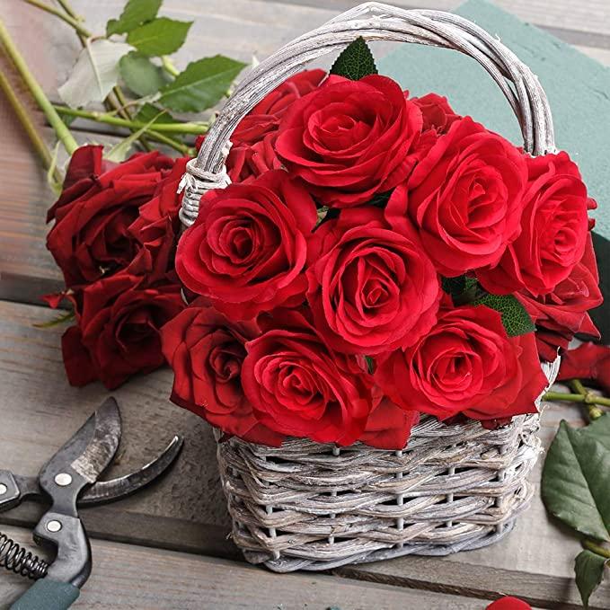 20Pcs Red Silk Roses Artificial Flowers Realistic Bouquet Home Decor valentine   Plants