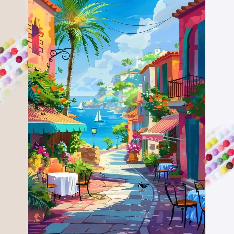 1 DIY diamond painting kit, 5D diamond art set, DIY decoration, coastal town diamond painting kit with full round diamonds, mosaic, diamond art, DIY art home décor, suitable for Christmas.