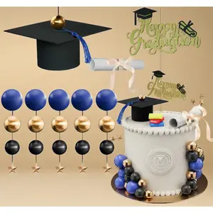 2026 Graduation Cake Toppers Kit – 26Pcs High School & College Senior Supplies with Blue Black Gold Decorations, Includes Graduation Caps, Diplomas & Mini Textbook Cake Balls