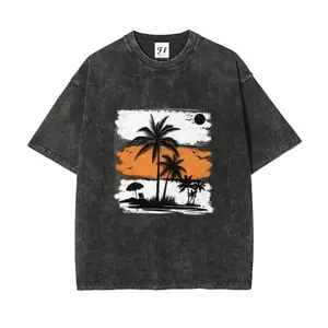 Men's Palm Tree Pattern Hannah Montana 20th Anniversary Washable Direct-to-Garment Tee Vintage 260g Heavyweight Cotton Casual Streetwear Crewneck Short Sleeve T-Shirt