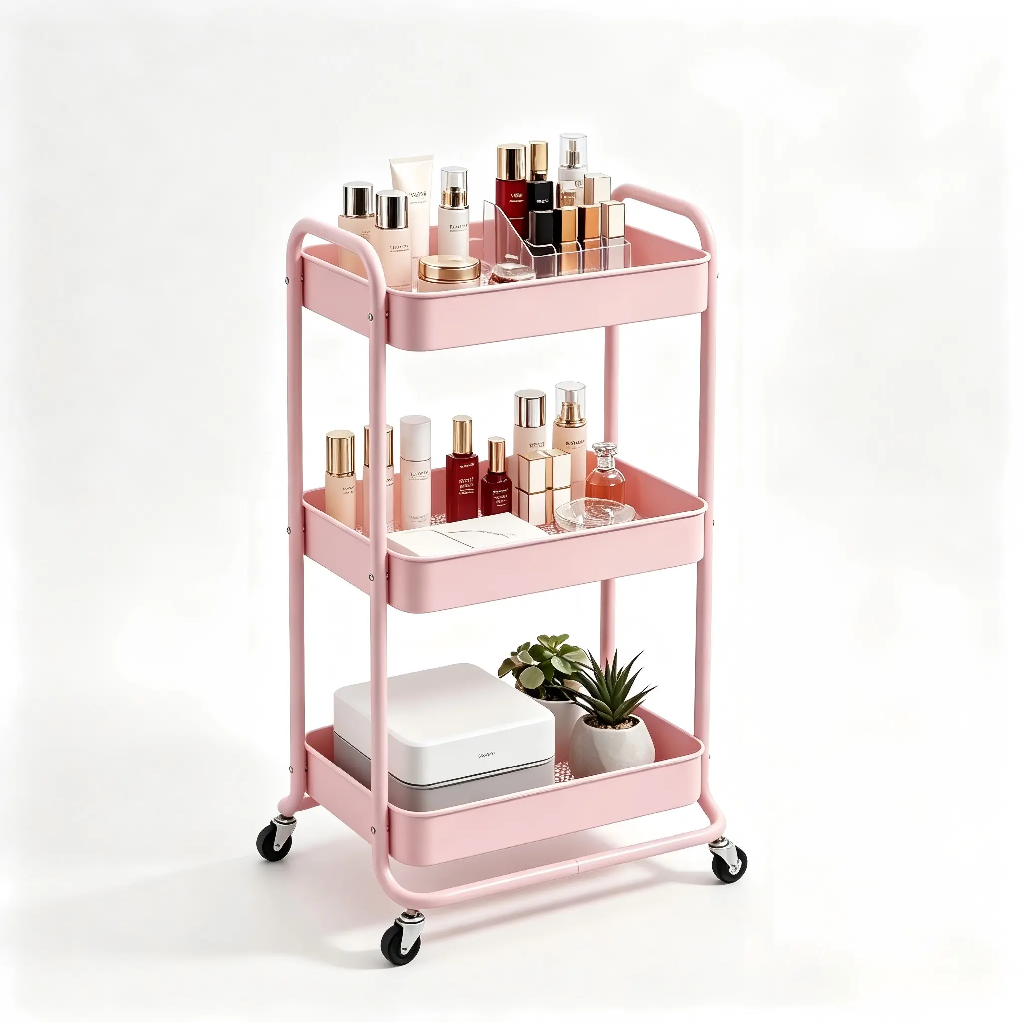Pink 3-Tier Hollow Metal Rolling Storage Cart - Mobile Home Organizer, Room Decor for Dorm Bedroom, Makeup utility cart caster category space hogar organizador