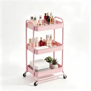 Pink 3-Tier Hollow Metal Rolling Storage Cart - Mobile Home Organizer, Room Decor for Dorm Bedroom, Makeup