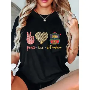 100% Cotton Unisex Peace Love Slot Machine, Lucky Las Vegas Casino Game T-Shirt Casual Top