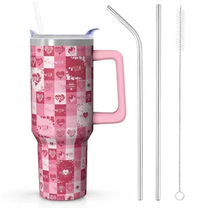 40 oz Insulated Stainless Steel Valentine's Day Tumbler Mug Flask - Portable Water Bottle with Patchwork Heart Design, Handle, Straw Lid, Leak-Proof, Cup Holder Friendly, Perfect Gift for Her