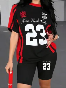 Women's casual fashion creative number 13 and slogan pattern printed T-shirt and sports shorts set