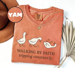 Comfort Colors Walking by Faith Tripping Over Everything Shirt, Relatable Christian Humor Tee, Funny Jesus Graphic T-Shirt, Gift for Christian Friend, Aesthetic Faith-Based Top