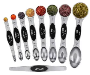 9pcs Stainless Steel Magnetic Measuring Spoons Set with Strong N45 Magnets Heavy Duty Metal Kitchen Gadgets for Baking & Cooking Fits in Most Spice Jars Set of 8 with Leveler Black Gift for Christmas New Year Durable