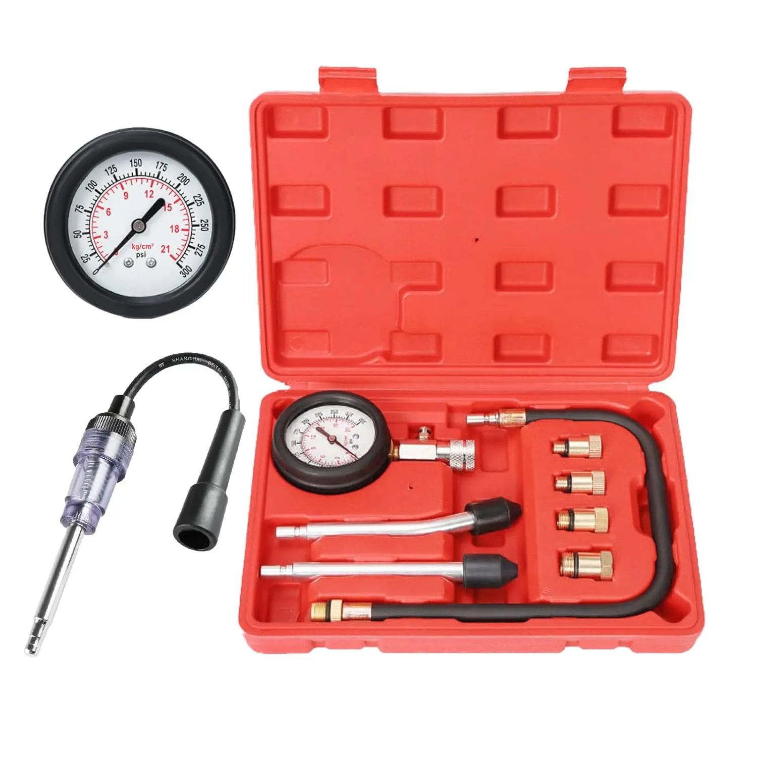 Automotive Compression Tester Kit with Spark Plug Tester,Compression Tester Petrol 0-20 Bar & 0-300 psi,  Compression Tester for Engine Compression Test Measure  M10 M12 M14 M18