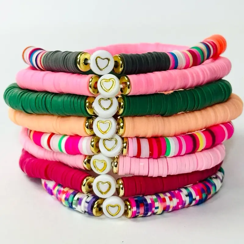Single Heart Heishi Bracelet, BFF Clay Beads Jewelry
