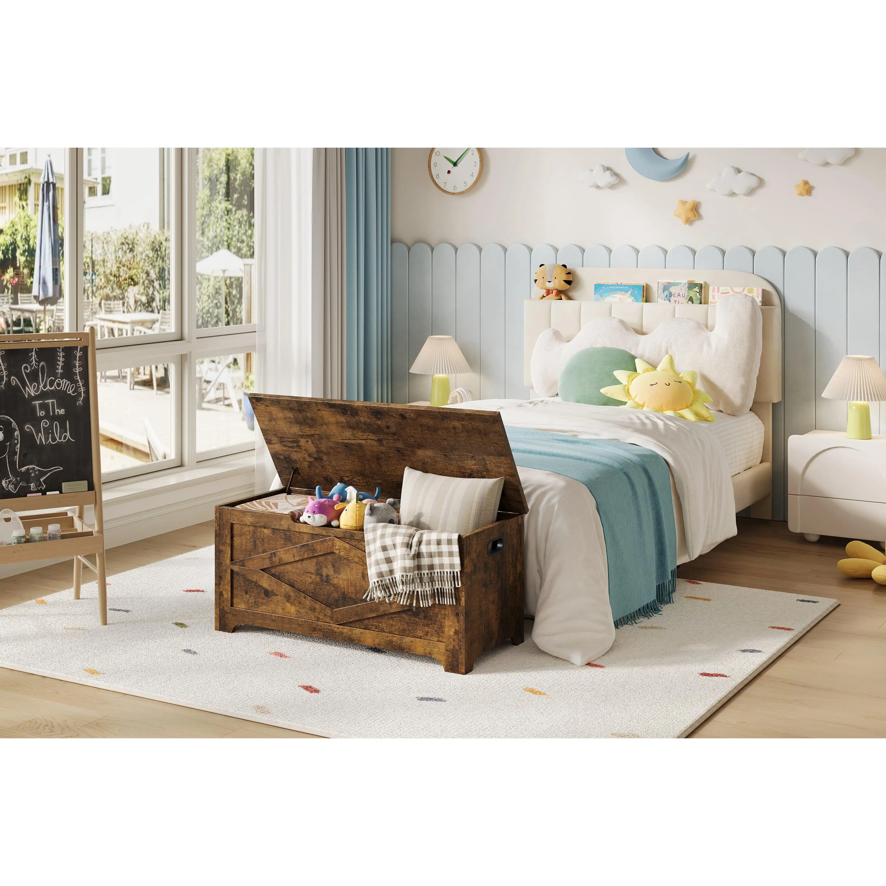 Large Wooden Storage Chest Bench, Turnover Top Trunk with Safety Hinges, Modern Farmhouse Blanket Toy Storage Box, Easy Assembly Accent Bench for Bedroom Entryway Living Room, Multi Classic Colors