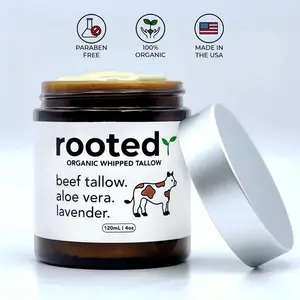Rooted Organic Beef Tallow, 100% Grass-Fed and Grass-Finished + Pure Aloe Vera and Lavender Infused + Face, Body, Hands, Lips, Acne Relief, Wrinkle Reduction, Eczema-Prone Skin + Deep Moisturizing, Sensitive Skin Repair, Anti-Aging, Chemical-Free Skincare