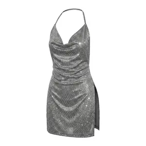 Women's Metallic Cowl Neck Mini Dress - Backless Halter Bodycon - Sexy High Slit Party Clubwear
