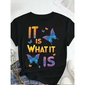 Colorful Butterfly Graphic Plus Size Women's T Shirt with Inspirational "It Is What It Is" Quote Casual Short Sleeve Round Neck Top for Spring Summer Fall Ideal for Mother's Day Juneteenth and Golf Gifts for Men and Women