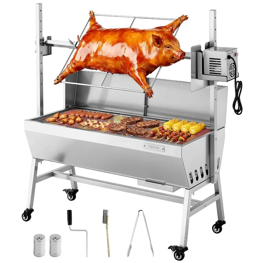 【Summerfinds】 Portable Charcoal Rotisserie Grill Kit, 38W Electric BBQ Outdoor Spit Roaster, 132 LBS Load Capacity, 7-Level Height Adjustment, Stainless Steel for Pig Lamb Roasting, Camping, Portable Charcoal Grill