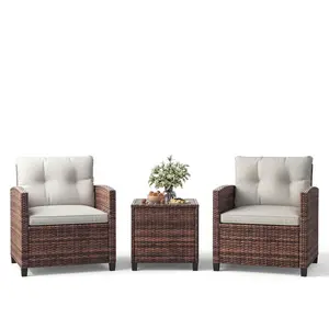 3 Piece Wicker Patio Bistro Set – Gradient Rattan Chairs & Side Table – Blue Cushions – Compact All-Weather Outdoor Garden Furniture – Perfect for Balcony Porch Terrace – Small Space Seating