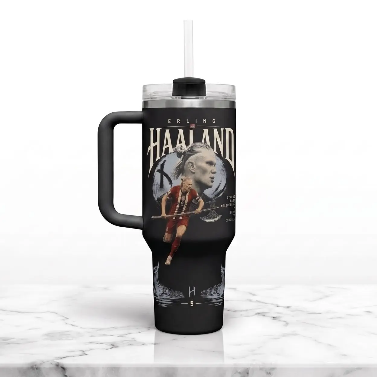 Ha.aland "Born to Conquer" 40oz Tumbler, Custom Footballer Insulated Cup, Sports Travel Mug, Gift for Soccer Fans