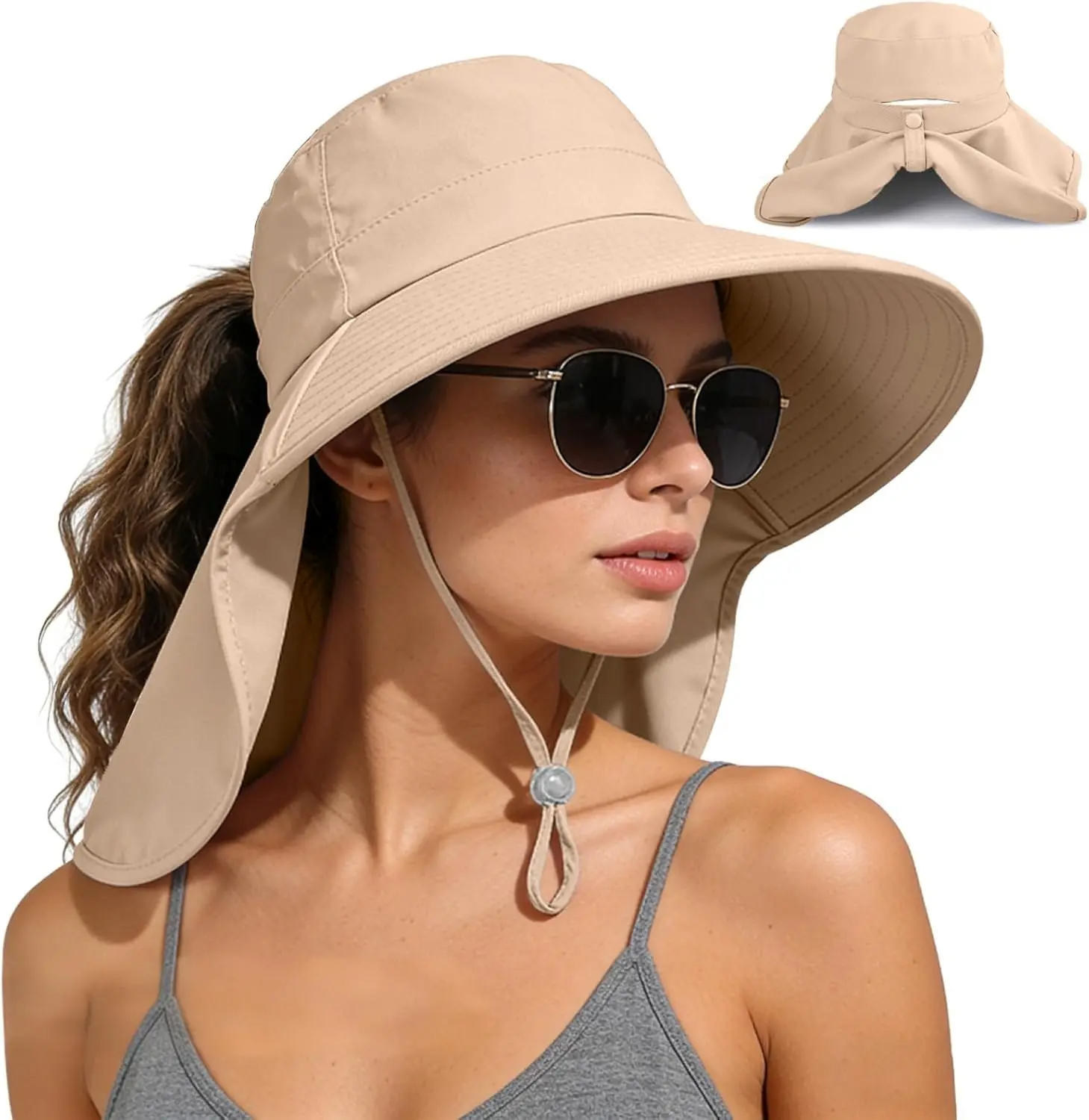 Sun Hat for Women Wide Brim UPF 50 UV Protection Fishing Cap Breathable Outdoor Hiking Ponytail Mesh Backpacking Hat with Neck Flap Summer Beach Travel, Accessories For Women, Hats For Women