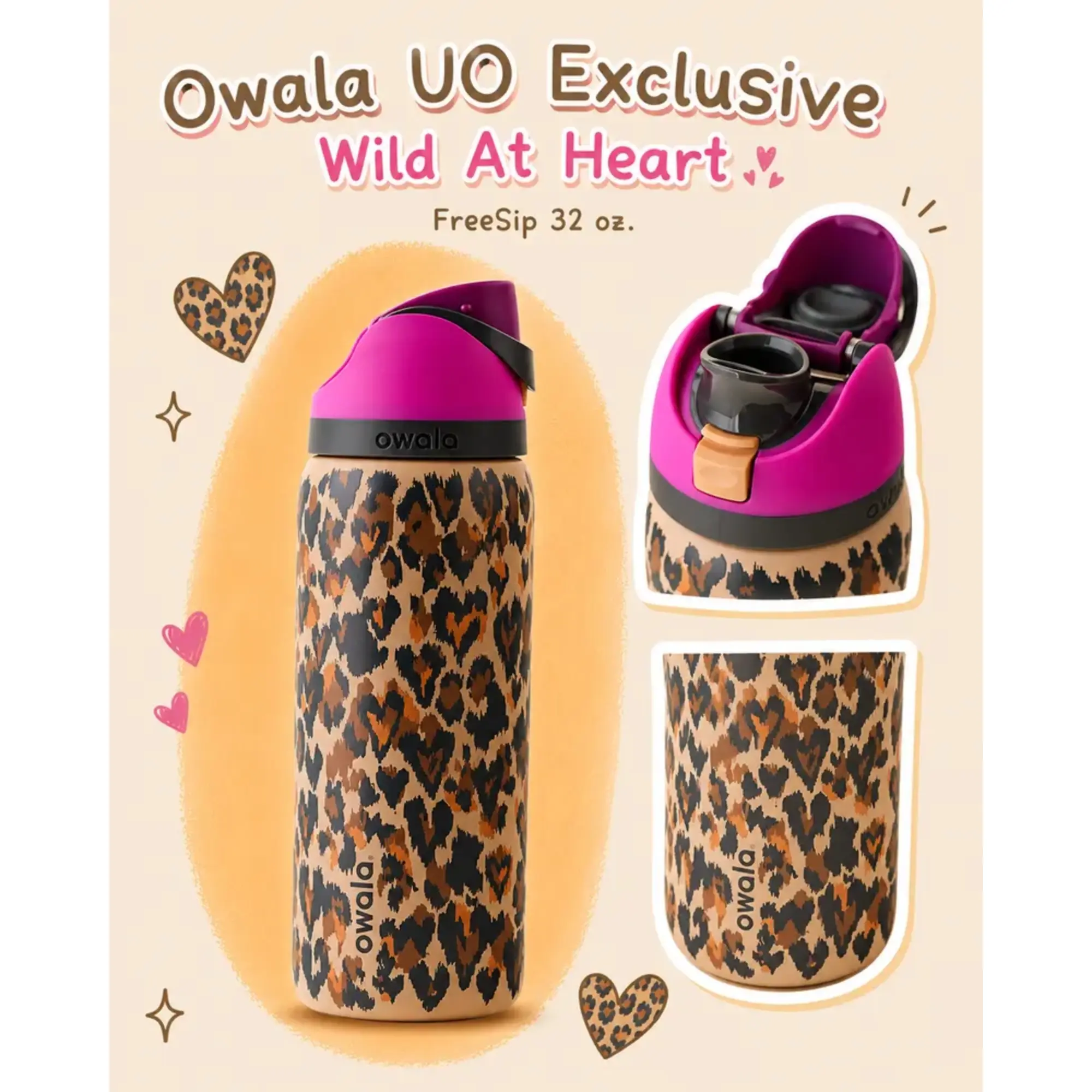 Owala FreeSip Limited Edition Wild at Heart Leopard Print Dark Pink & Purple Lid Water Bottle