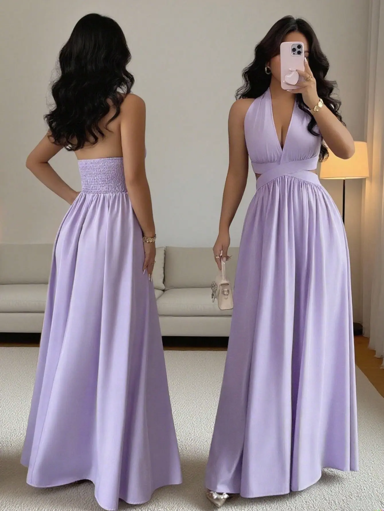 Women's Lilac Purple Elegant Party Dress,Summer V-Neck Halter Waist Hollow Design Pleated Maxi Skirt Holiday Wedding Event Dress Ladies Clothing