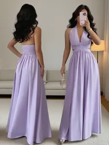 Women's Lilac Purple Elegant Party Dress,Summer V-Neck Halter Waist Hollow Design Pleated Maxi Skirt Holiday Wedding Event Dress Ladies Clothing