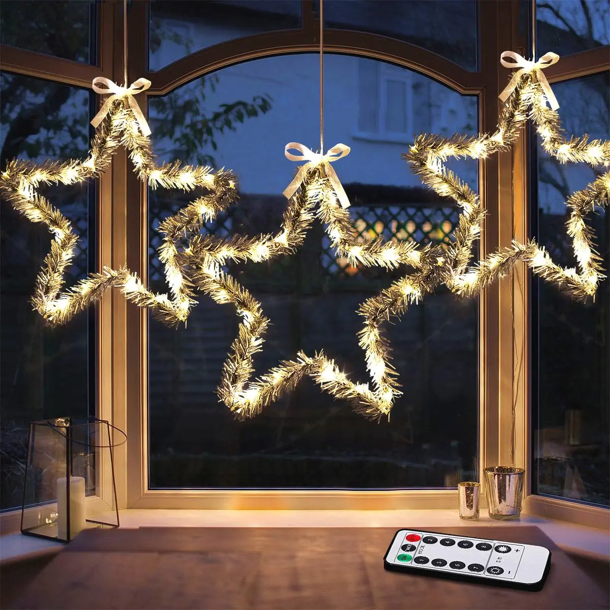 Christmas Star Lights,Window Lights 3 Pack Christmas Window Star Lights with Timer Battery Operated Christmas Decorations 8 Lighting Modes with 3 Remote Controls Set Waterproof Ornaments light sensor