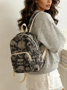 Women's Skull Pattern Backpack, Corduroy Texture + Layered Storage + Lightweight Design, Casual Style for All Seasons