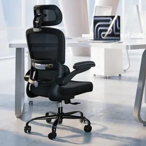 TRALT Ergonomic Office Chair - Breathable Mesh & Leather Seat - Space-Saving Flip-up Arms - High Back Support Desk Chair for Home & Gaming - Adjustable Lumbar Support & Headrest