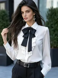 Women's Solid-Color Tie Blouse with Bow Detail, Ruffled Chic Design - Gentle, Minimalist Versatile Commuter Top