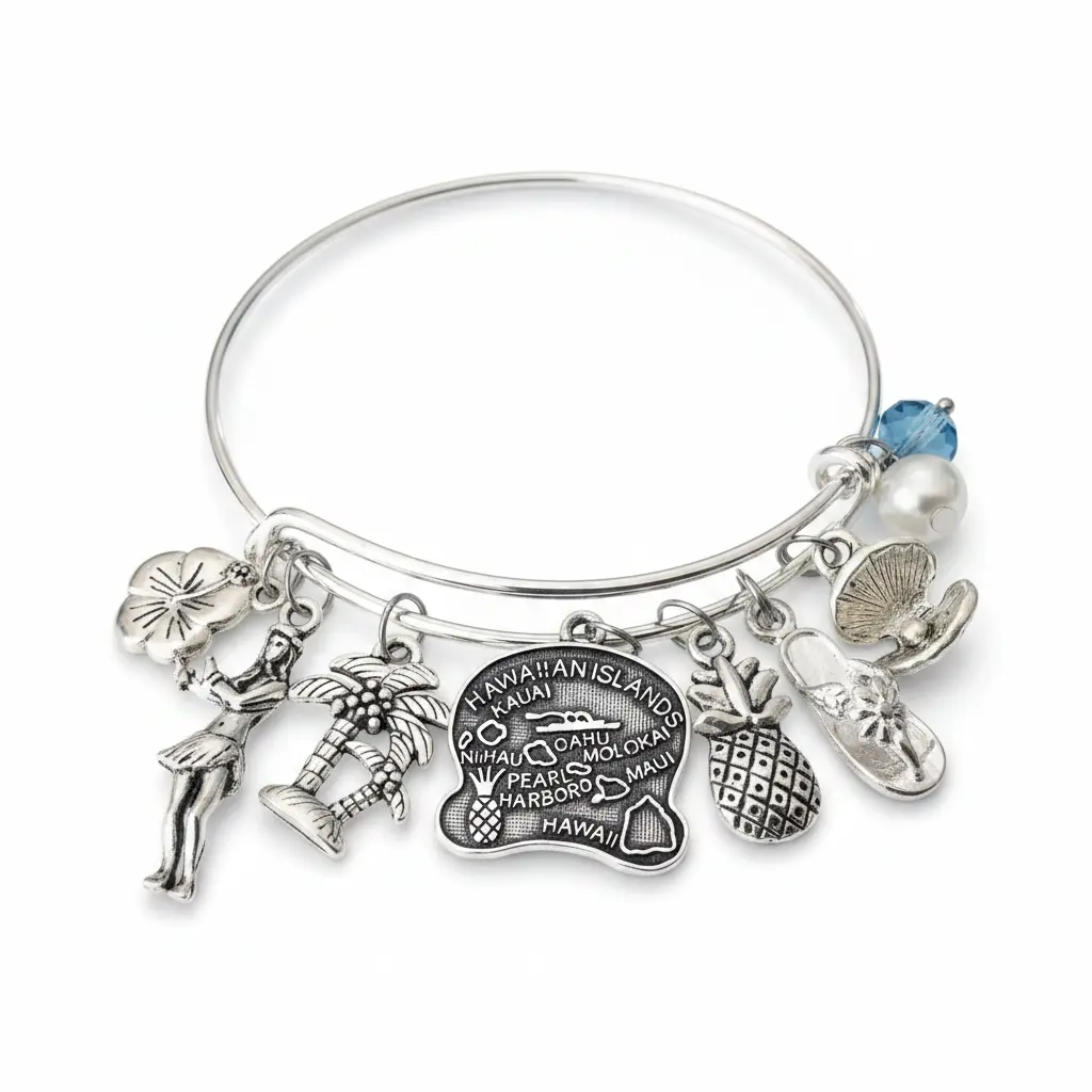 Hawaii Expandable Charm Bracelet - Silver Hibiscus Palm Tree Hula Girl Flip Flop Pineapple, One Size Fits All, Gift Jewelry for Vacation