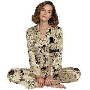 Spooky Long-Sleeve Satin Halloween Pajamas Set, Vintage Black Print Quote PJs, Cozy October Sleepwear, Holiday Matching PJs Loungewear Fabric