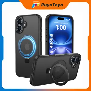 PuyaTeya Adjustable Magnetic Metal Ring Stand Phone Case for iPhone 17/16/15/Pro/Pro Max, Unisex TPU-Aluminium MagSafe-Compatible Accessories, Drop-Proof Military Shock Protection, Anti-Scratch Anti-Fingerprint Translucent Matte Skin-Feel outdoorfun, Smar