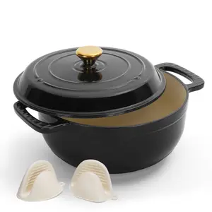 5QT Enamel Cast Iron Cooking Pot Cookware - Gas Stovetop & Induction Compatible, Includes 2 Silicone Gloves, Ideal for Family Meals & Outdoor Gatherings