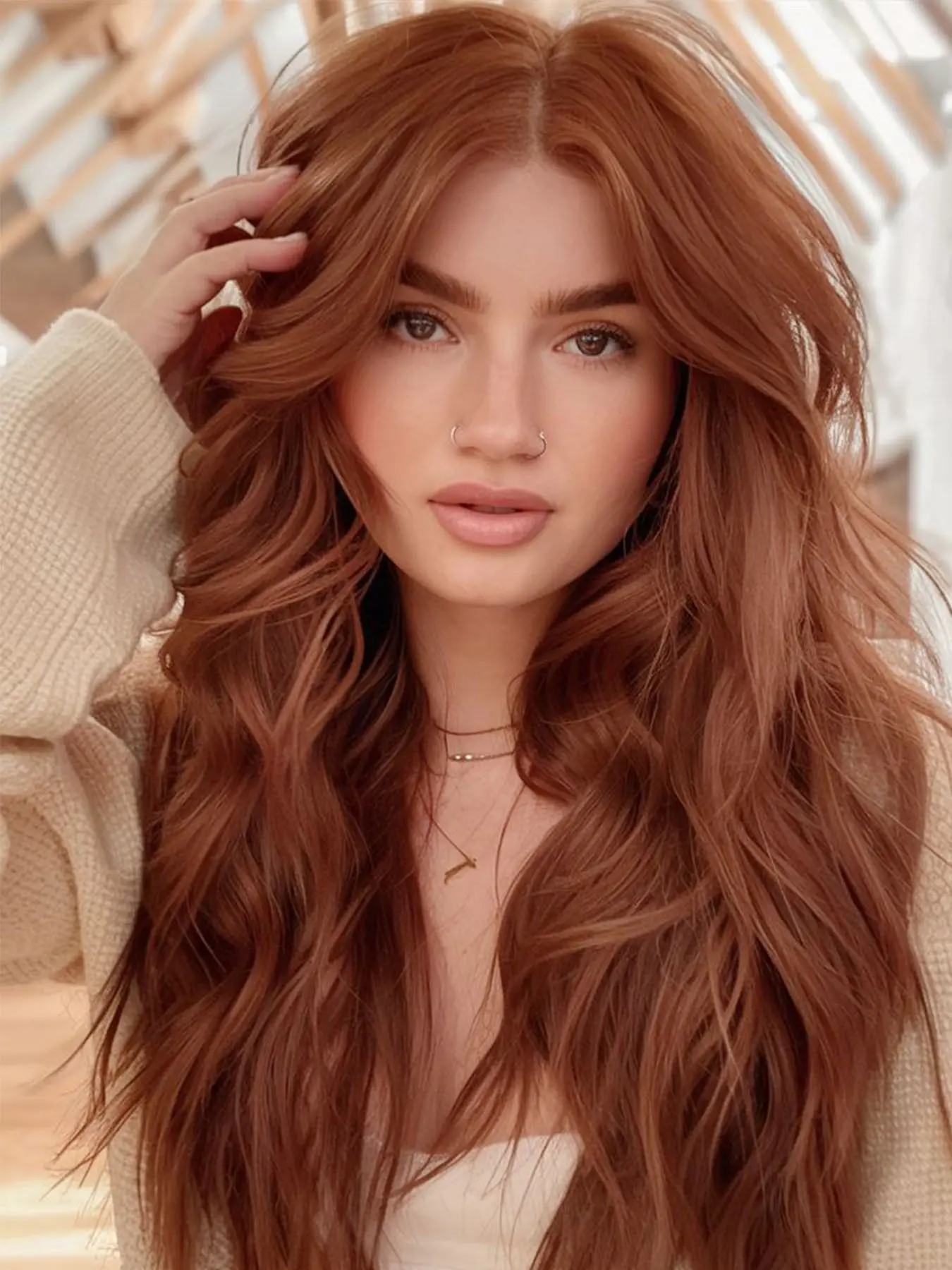 13x4 Inch Water Wave Ginger Brown Long Hair Wig Copper Red Elegant Heat resistant Synthetic Lace Front Wig Reddish Brown Color Long Wavy Curly Hair Wig Glueless Lace Wigs Pre-Plucked for Daily Party Halloween Events Glueless Frontal Wig