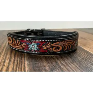 Handcrafted Padded Leather Tooled Dog Collar Blue/Red flowers