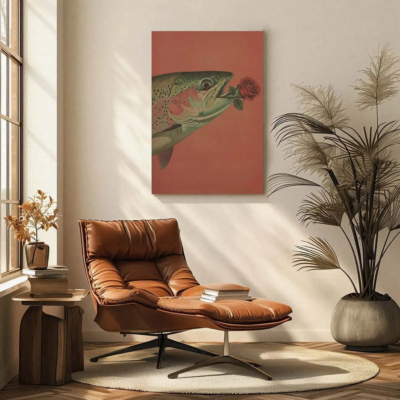 Art Poster: Animal Trout Bold Fish Smoking a Cigarette Vintage Poster, Artistic Funny Retro Whimsical Print, Cabin Wall Art Decor Illustration, a Unique Gift for Dad Modern Home Decoration Wood