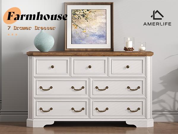 AMERLIFE Farmhouse 7 Drawer Dresser for Bedroom,54" Wide Wooden Dresser for Closet with Natural Wood Grain & Vintage Handles, TV Stand for Bedroom AMERLIFE Farmhouse 7 Drawer Dresser for Bedroom,54" Wide Wooden Dresser for Closet with Natural Wood Grain & Vintage Handles, TV Stand for Bedroom
